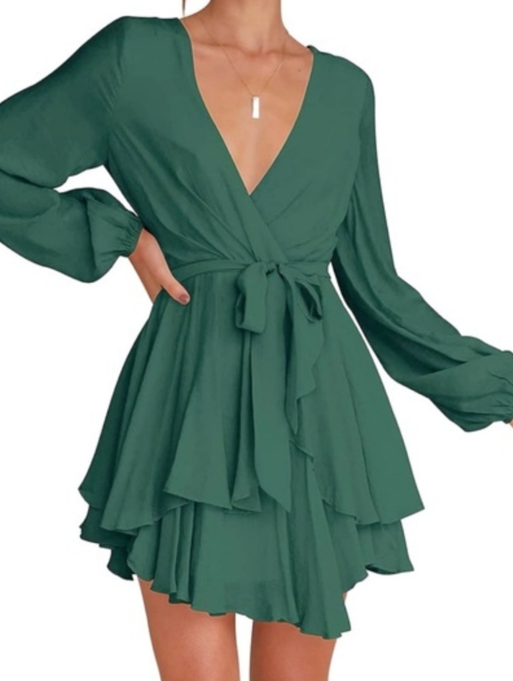 Women’s Deep Green Wrap Dress with Tie Waist